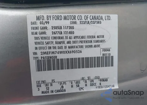 1999 Mercury Grand Marquis Gs из США, поврежденный, VIN 2MEFM74W0XX690526